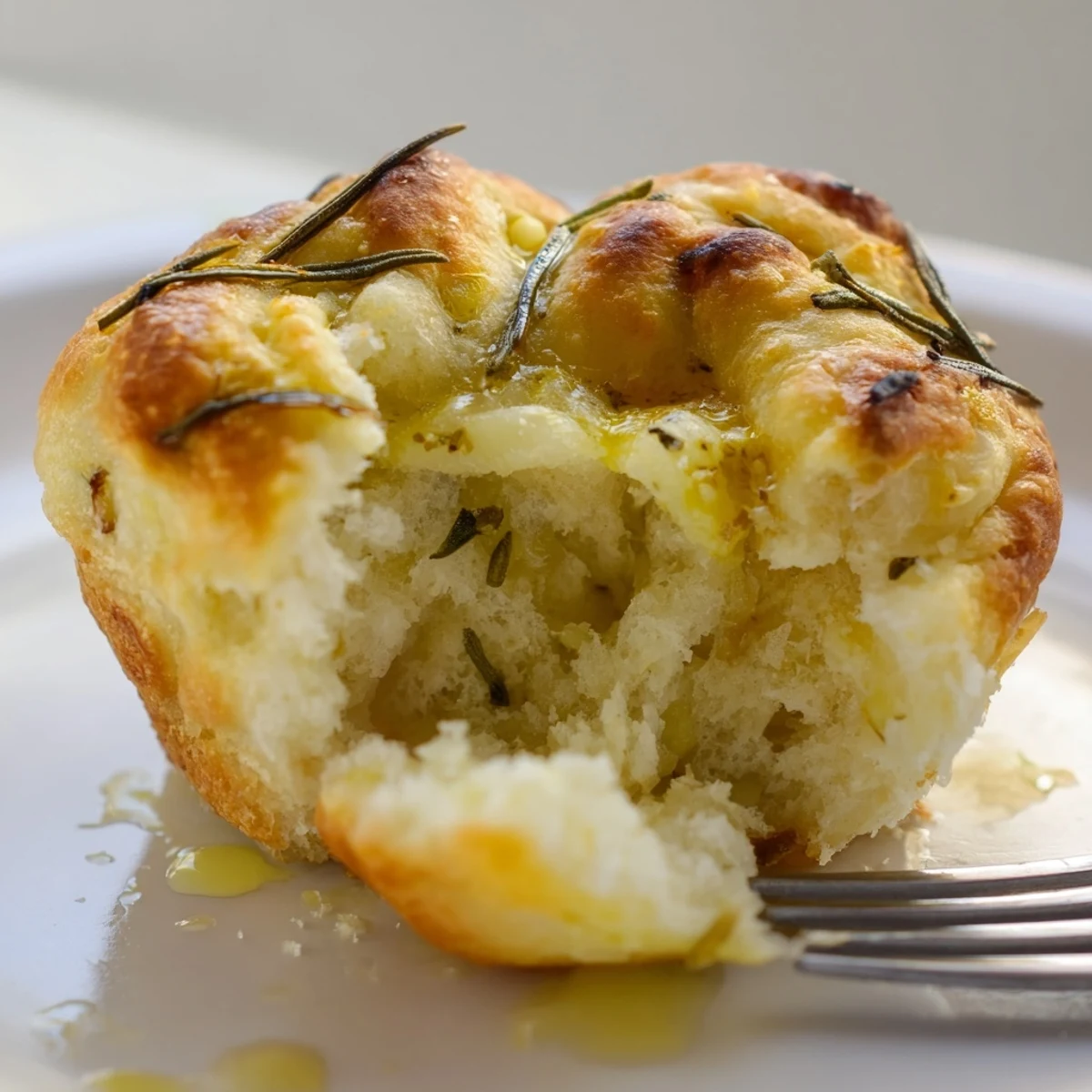 Warm Garlic Rosemary Focaccia Muffins glistening with olive oil, flaky salt topping