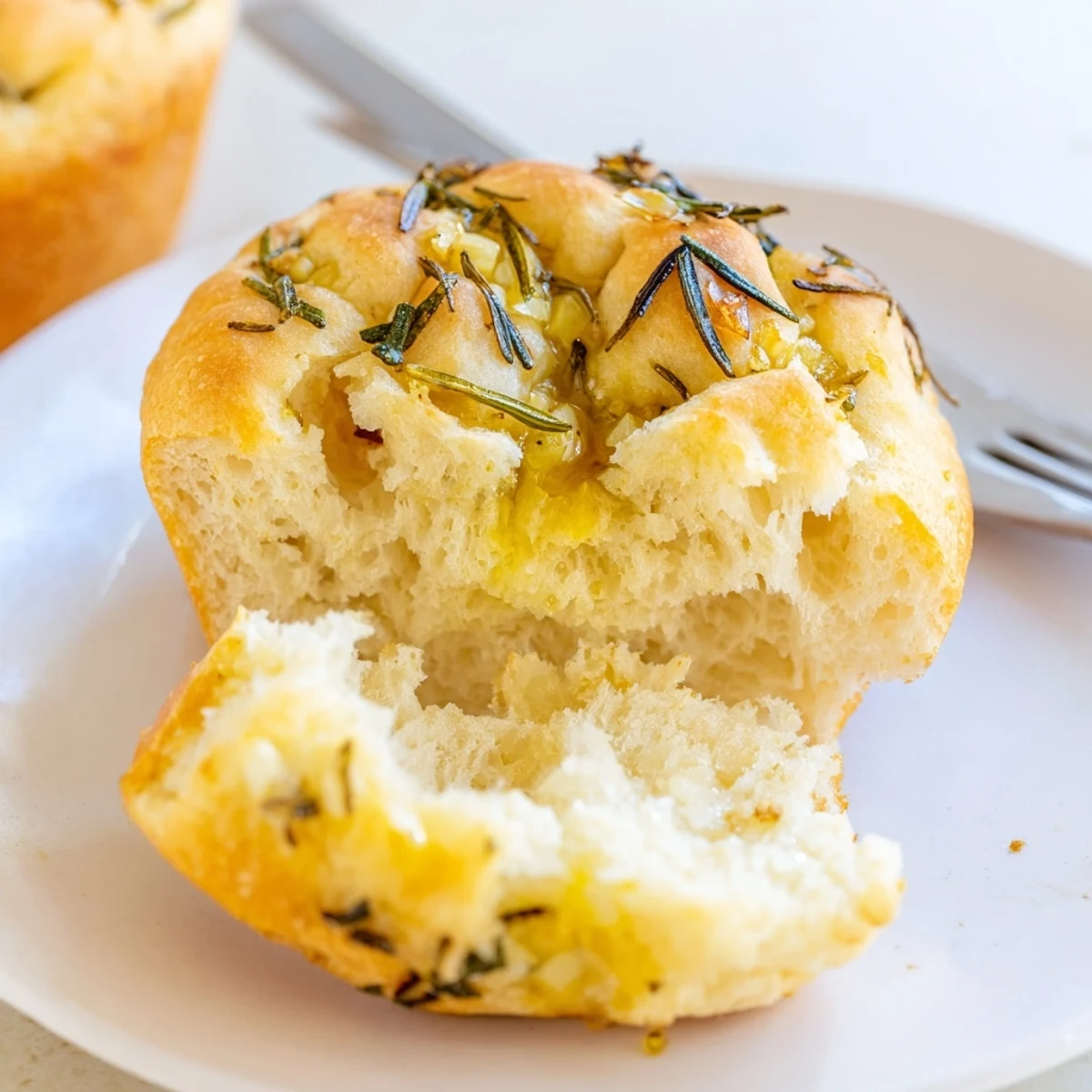 Fresh-baked Garlic Rosemary Focaccia Muffins served alongside soup, aromatic and tender