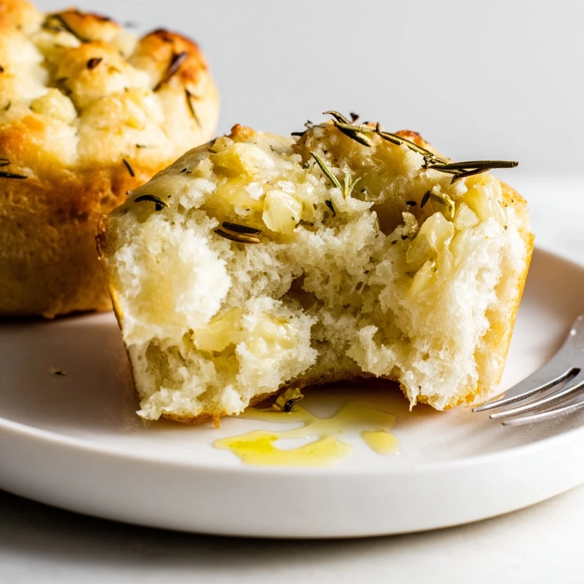 Golden Garlic Rosemary Focaccia Muffins with roasted garlic swirls and crisp edges