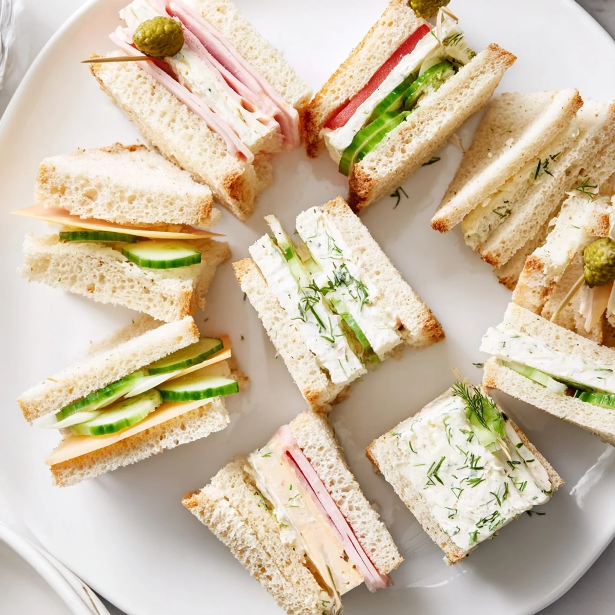 Mini Sandwiches arranged on a platter, soft bread, crisp cucumber and herbs