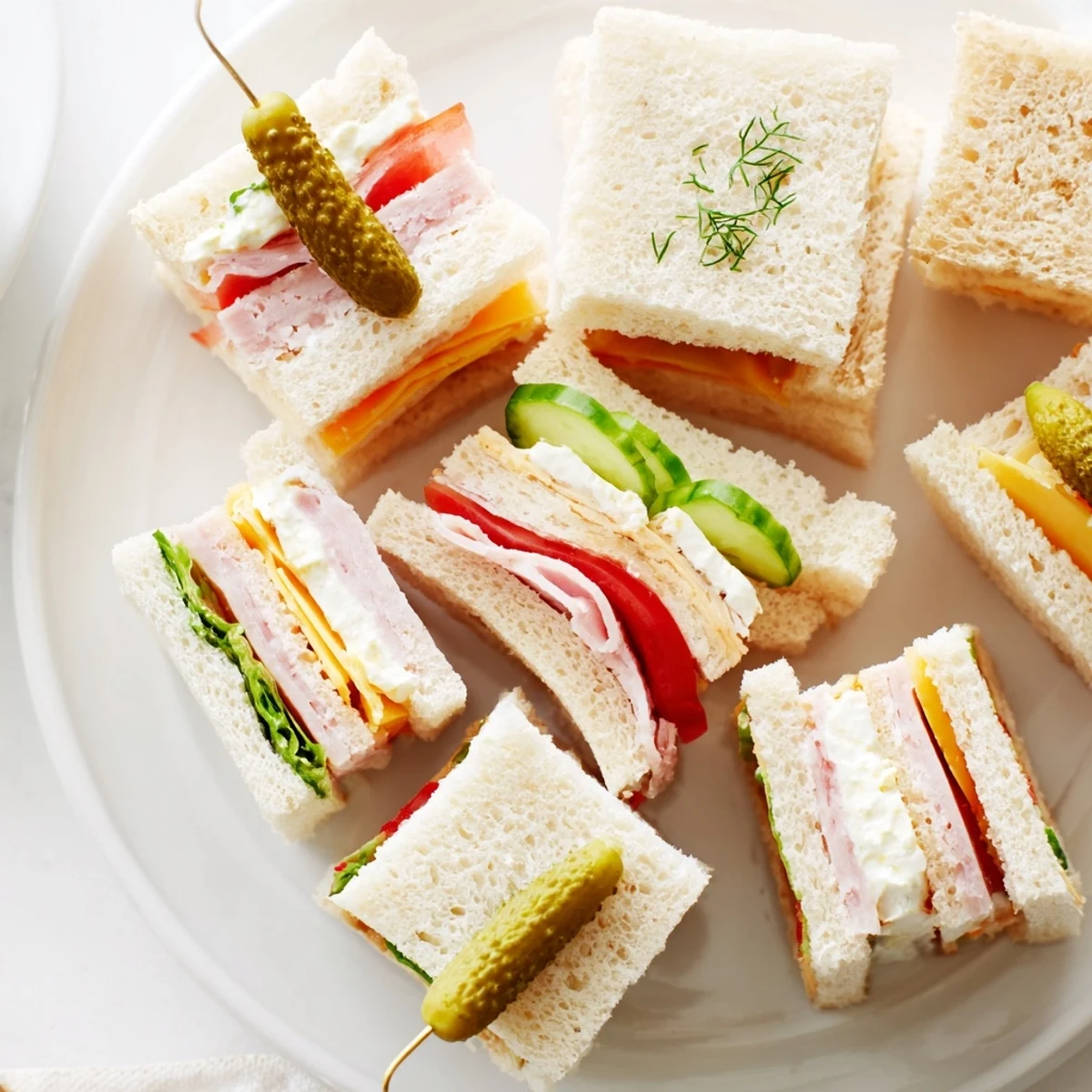 Stack of Mini Sandwiches with cheddar, tomato slices, lightly seasoned, perfect picnic snack