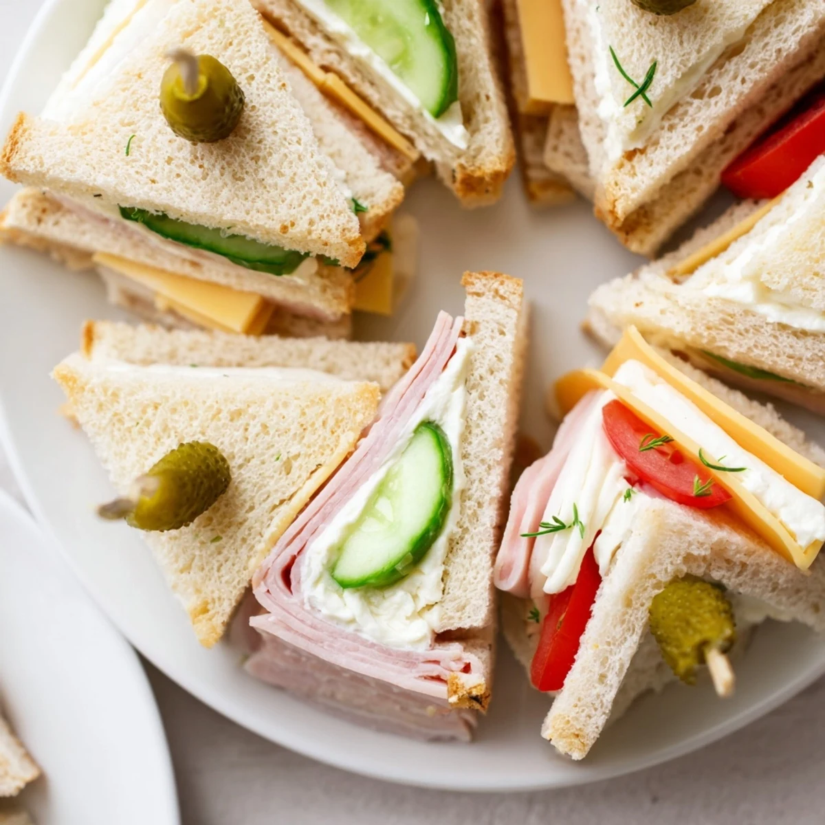 Bright Mini Sandwiches cut into quarters, garnished with dill, ready to serve