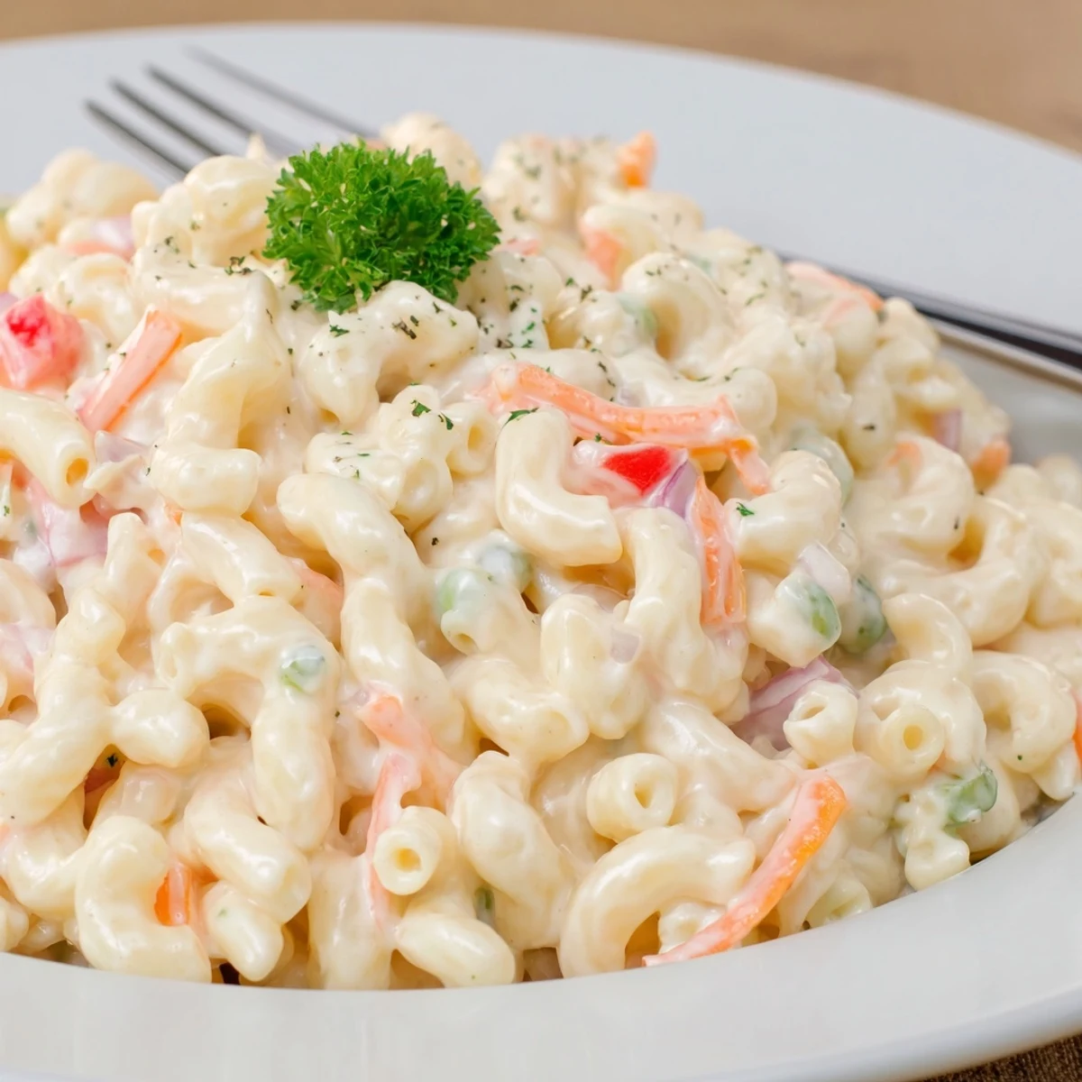 Homestyle Macaroni Salad tossed in tangy Dijon dressing, perfect potluck serving