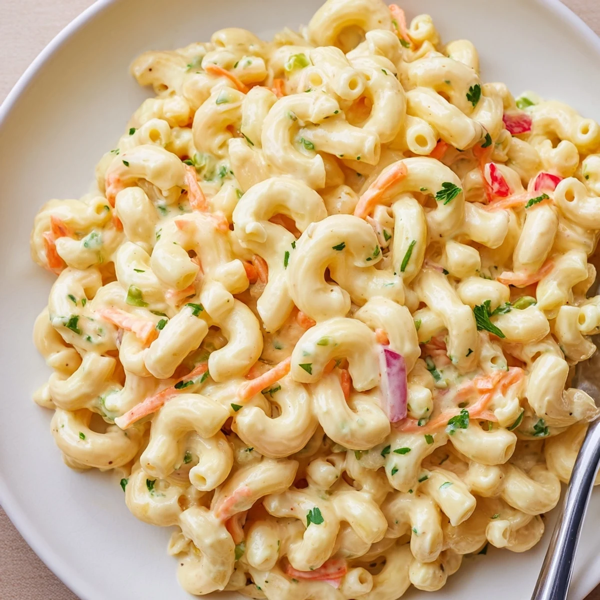 Cold Macaroni Salad with shredded carrots, peas, and zesty apple cider dressing