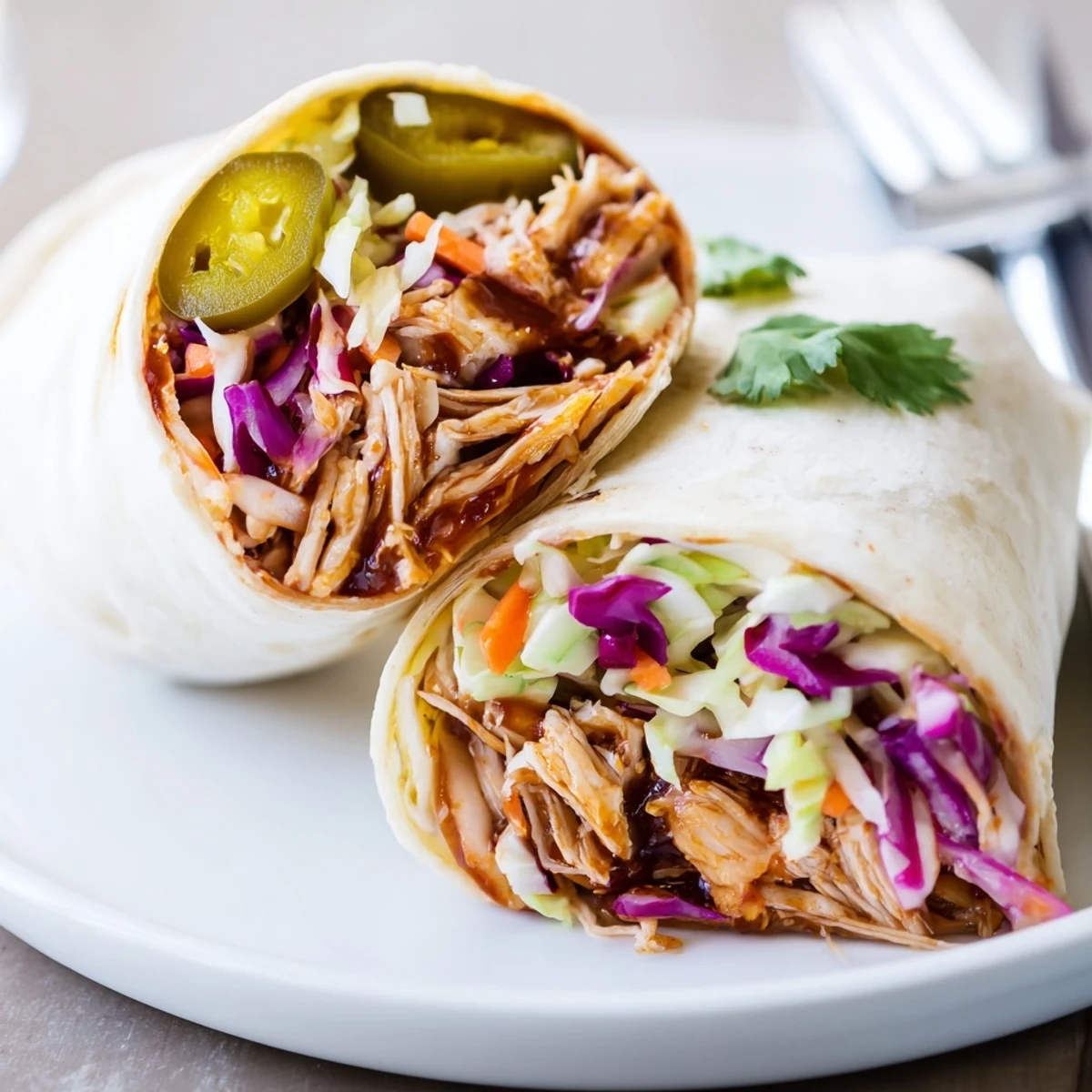 Close-up of Bbq Chicken Coleslaw Wraps sliced, showing saucy chicken and crisp slaw