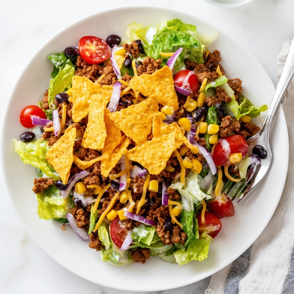 Simple Doritos Taco Salad piled high with crunchy chips, seasoned beef, vibrant tomatoes