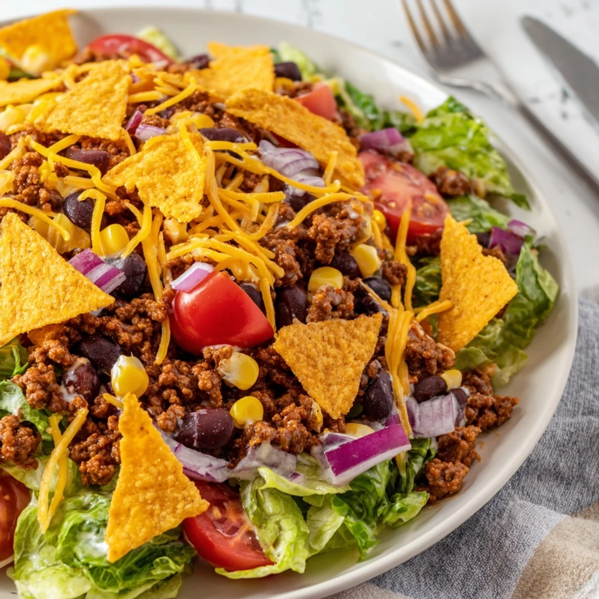 Simple Doritos Taco Salad with warm seasoned beef, shredded cheddar, crisp romaine