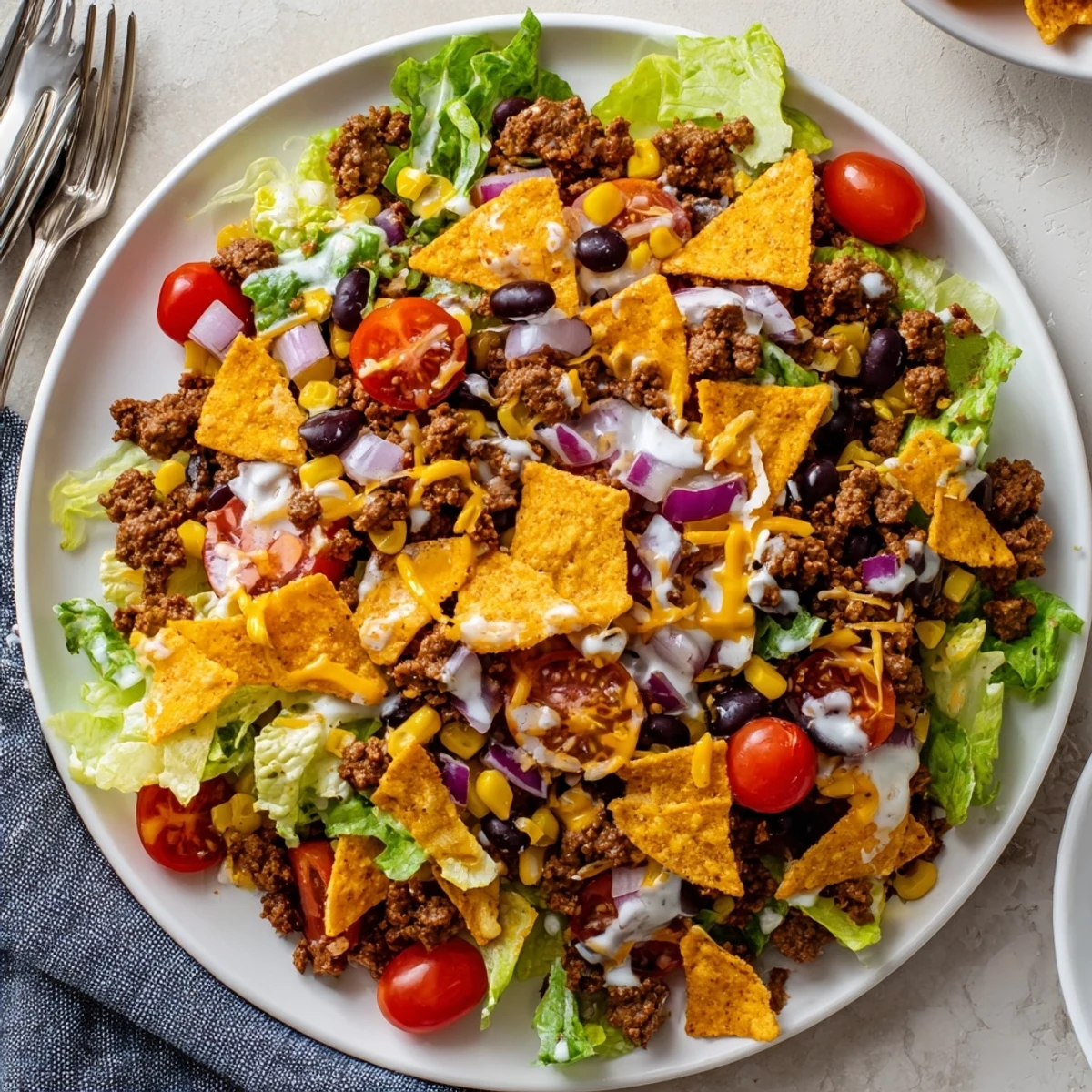 Simple Doritos Taco Salad served immediately for maximum crunch, creamy ranch drizzled