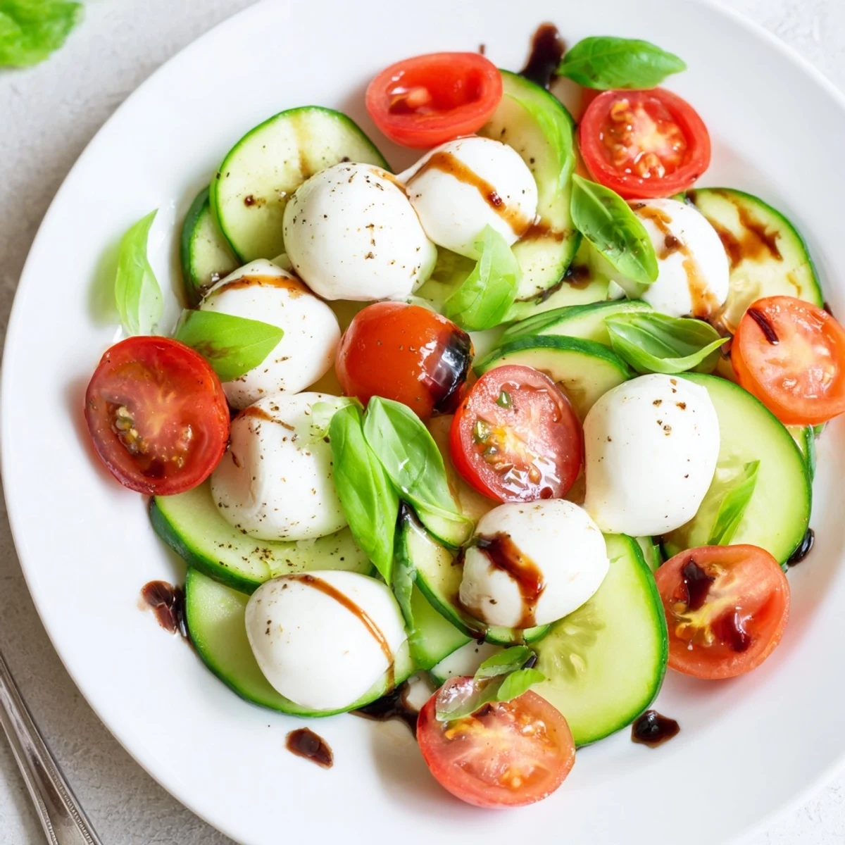 Glistening basil and balsamic drizzle on Juicy Cucumber Caprese Salad, ready to serve.  