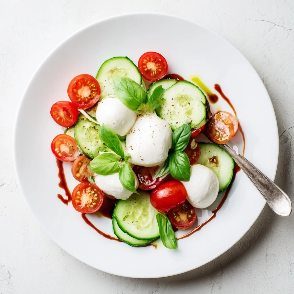 Juicy Cucumber Caprese Salad with glistening tomatoes, creamy mozzarella, and basil.  