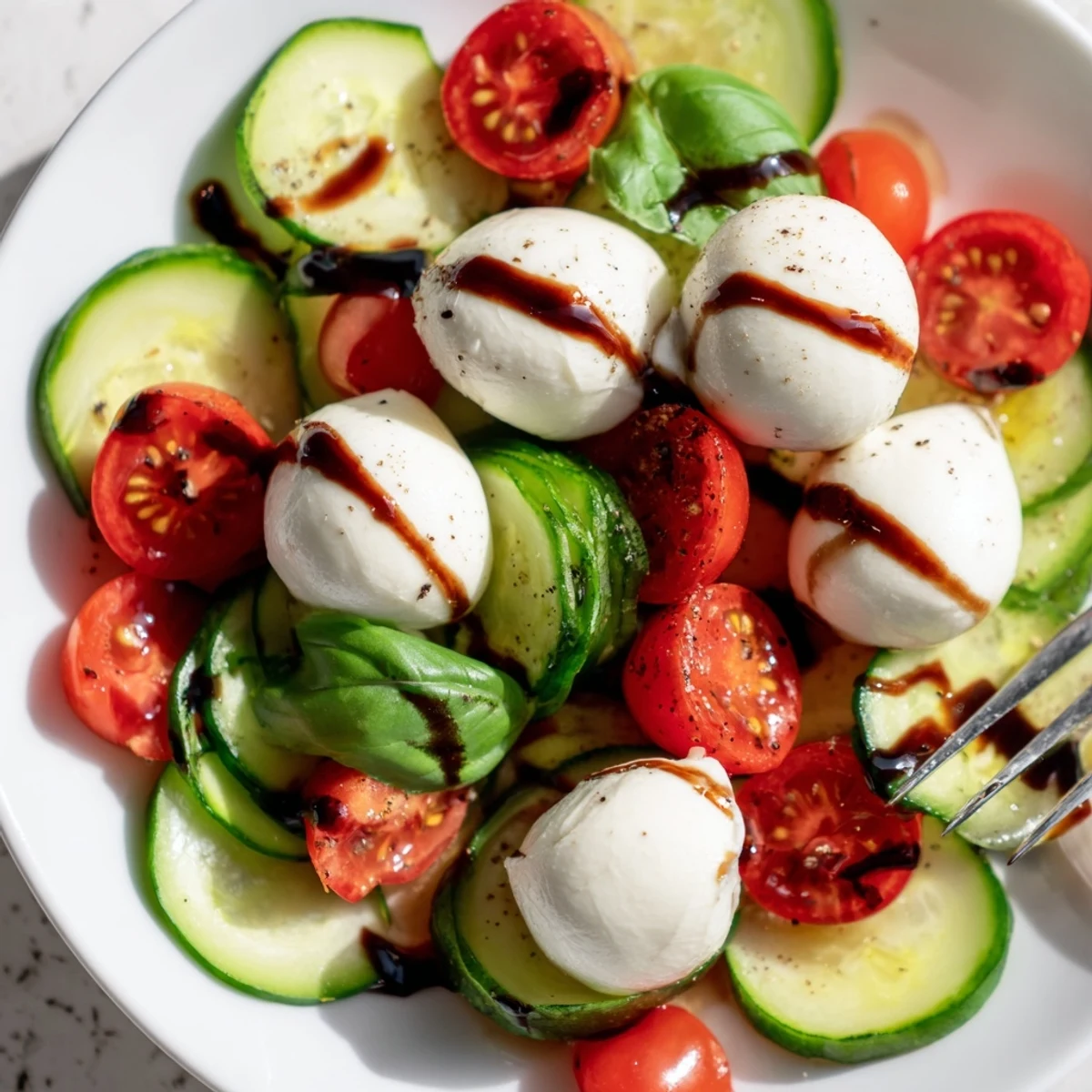 Chilled and crisp Juicy Cucumber Caprese Salad arranged in bowl for summer.