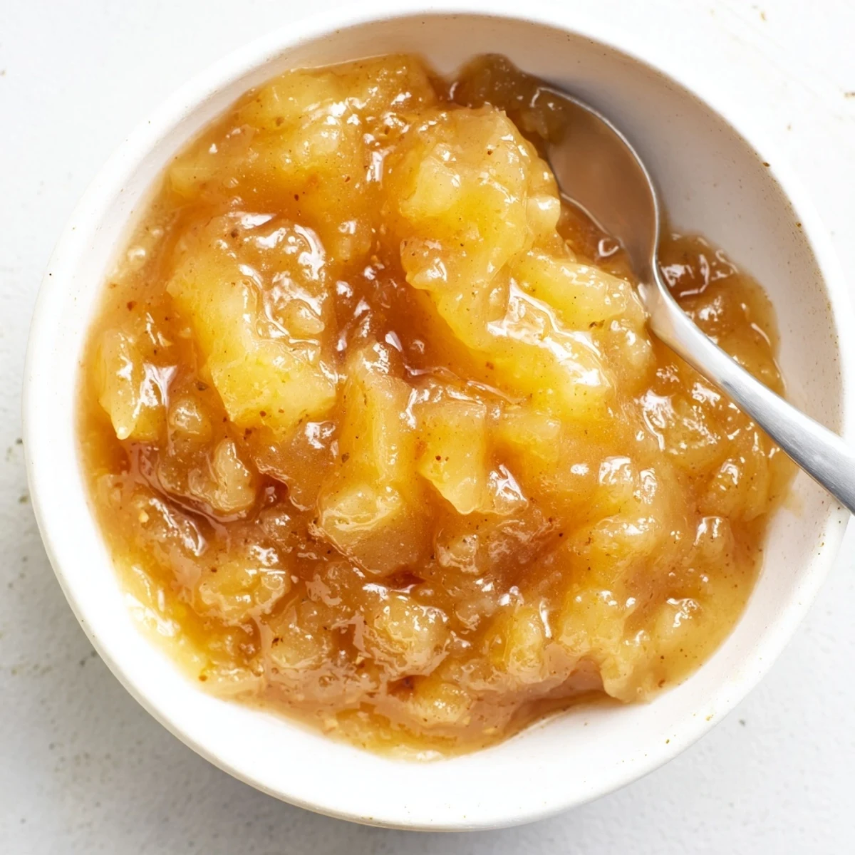 Fall Caramel Apple Jam glistening in jar, chunky apples and warm cinnamon.