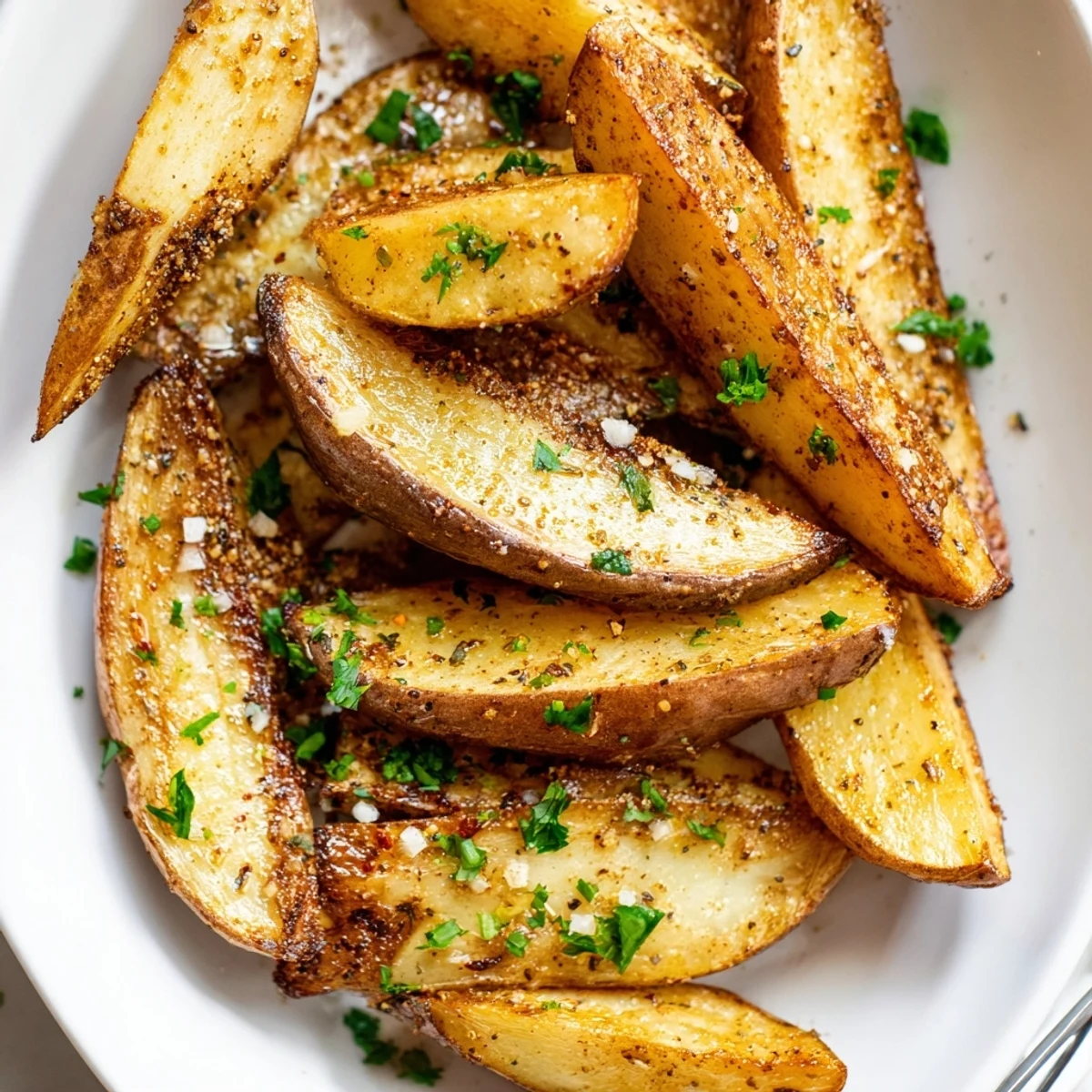 Crispy oven-baked Potato Wedges with golden edges and fluffy centers served hot.