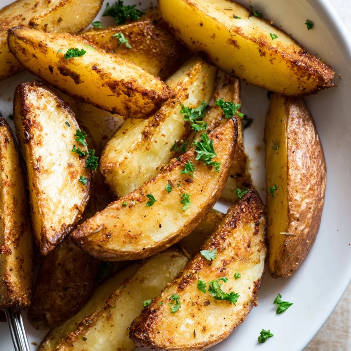 Seasoned Potato Wedges tossed in olive oil, paprika aroma, ready for dipping.