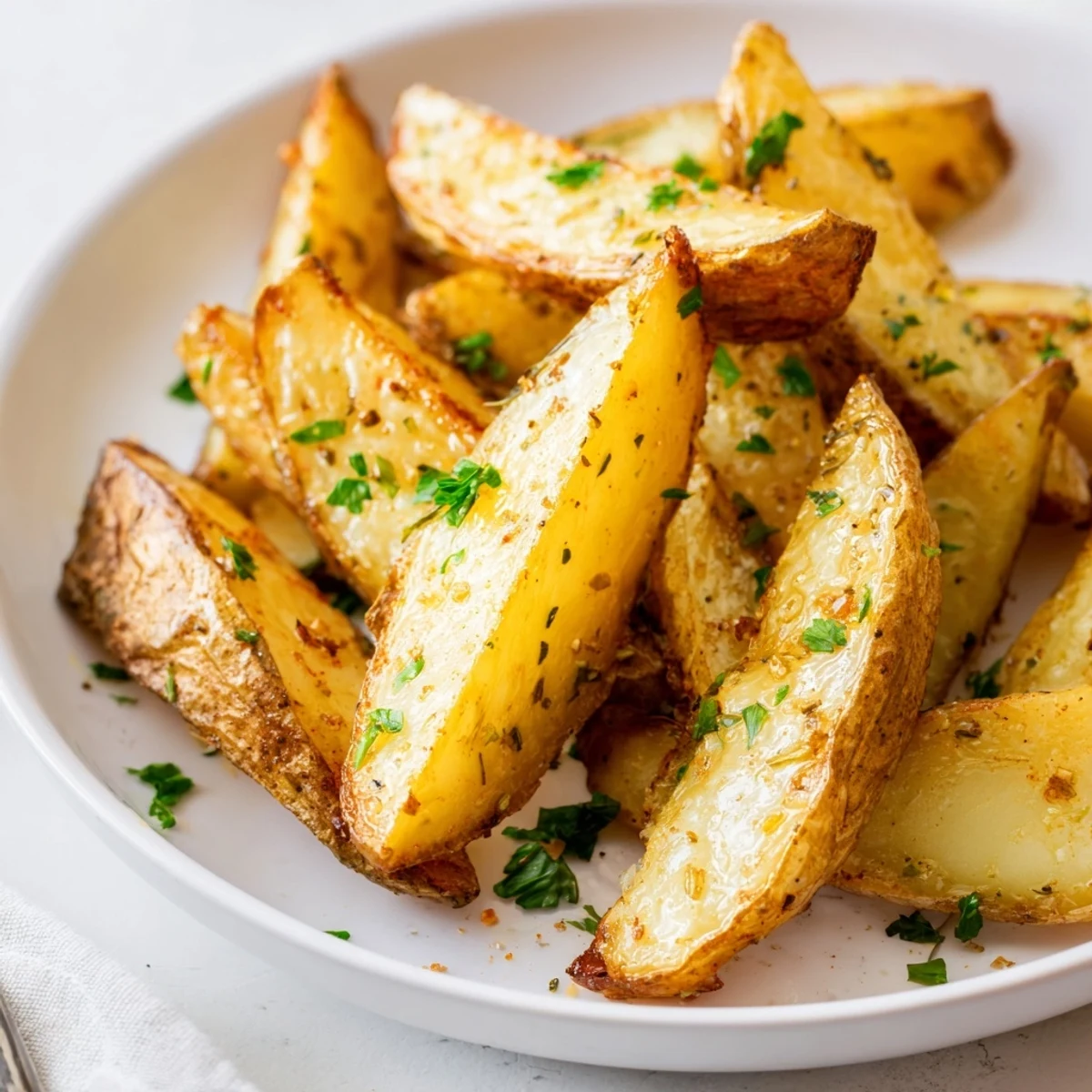 Rustic skin-on Potato Wedges arranged on a sheet pan, sprinkled with parsley.