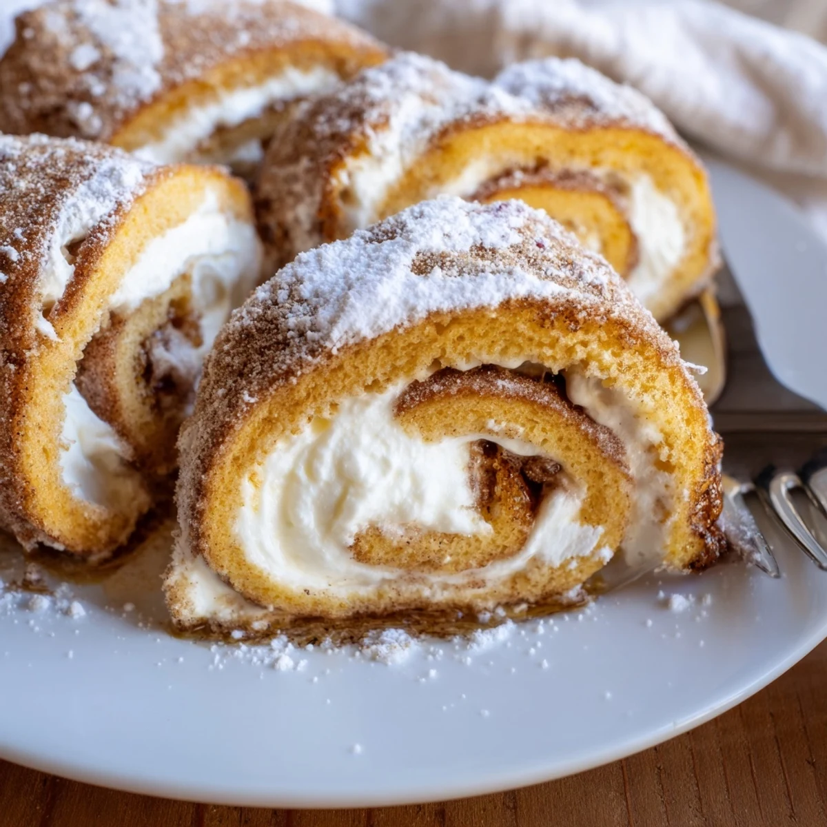 Warm Cinnamon Roll French Toast Roll Ups rolled in cinnamon sugar, served with syrup