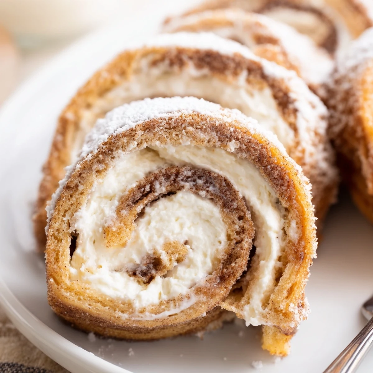 Close up of golden Cinnamon Roll French Toast Roll Ups, cream cheese filling visible