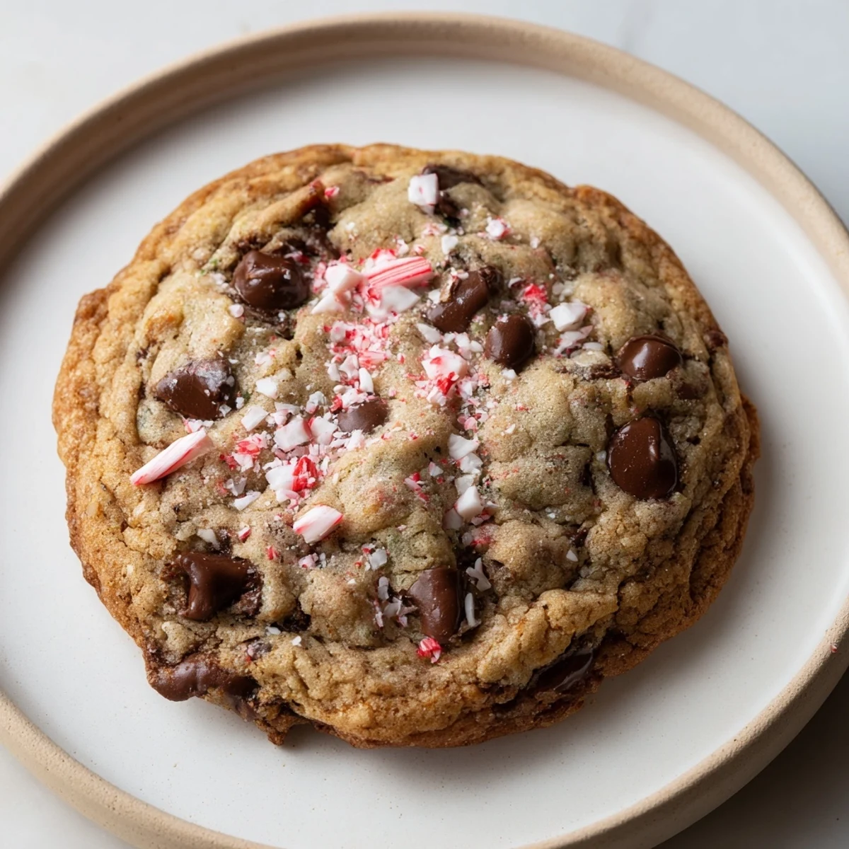 Plate of Peppermint Chocolate Chip Cookies sprinkled with crushed candy, chewy centers.