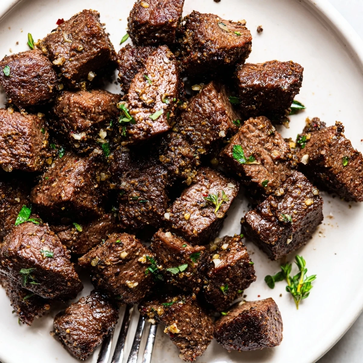 Seared Garlic Butter Steak Bites on cast iron skillet, crusty edges and juices.