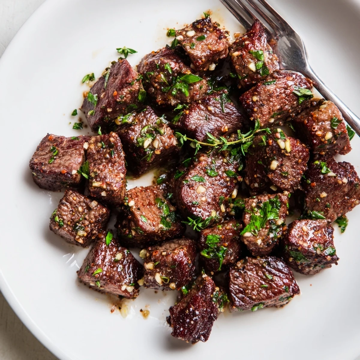 Garlic Butter Steak Bites glistening in buttery garlic sauce, sprinkled with parsley.