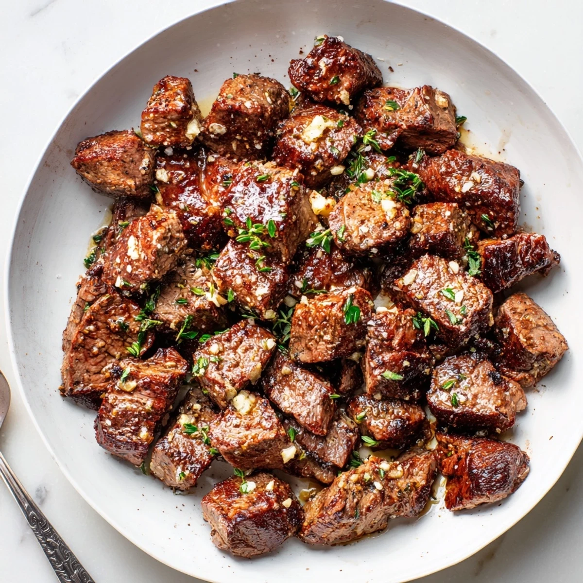 Garlic Butter Steak Bites piled over mashed potatoes, glossy butter and parsley.