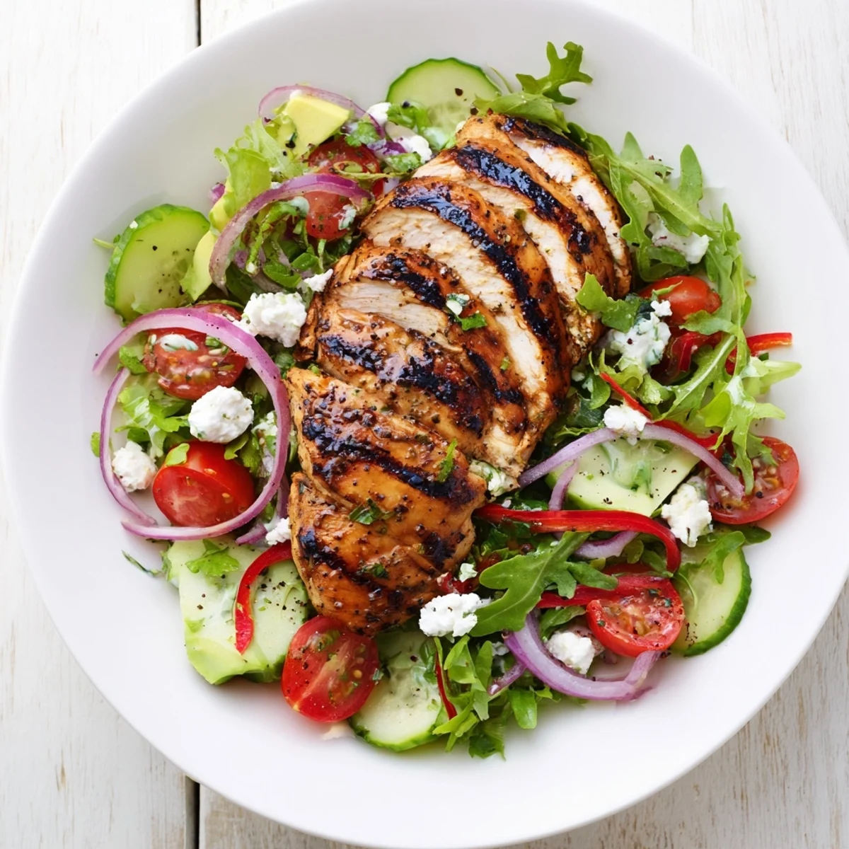 Grilled Chicken Salad Avocado Herb Dressing showcasing sliced smoky chicken over vibrant greens.
