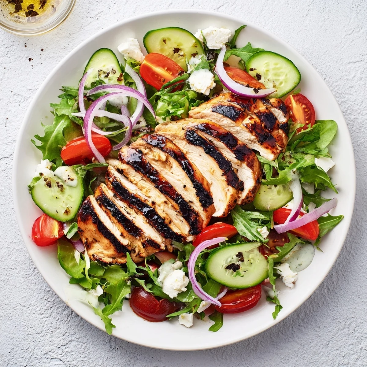 Sliced warm chicken, cherry tomatoes, and lime on Grilled Chicken Salad Avocado Herb Dressing.