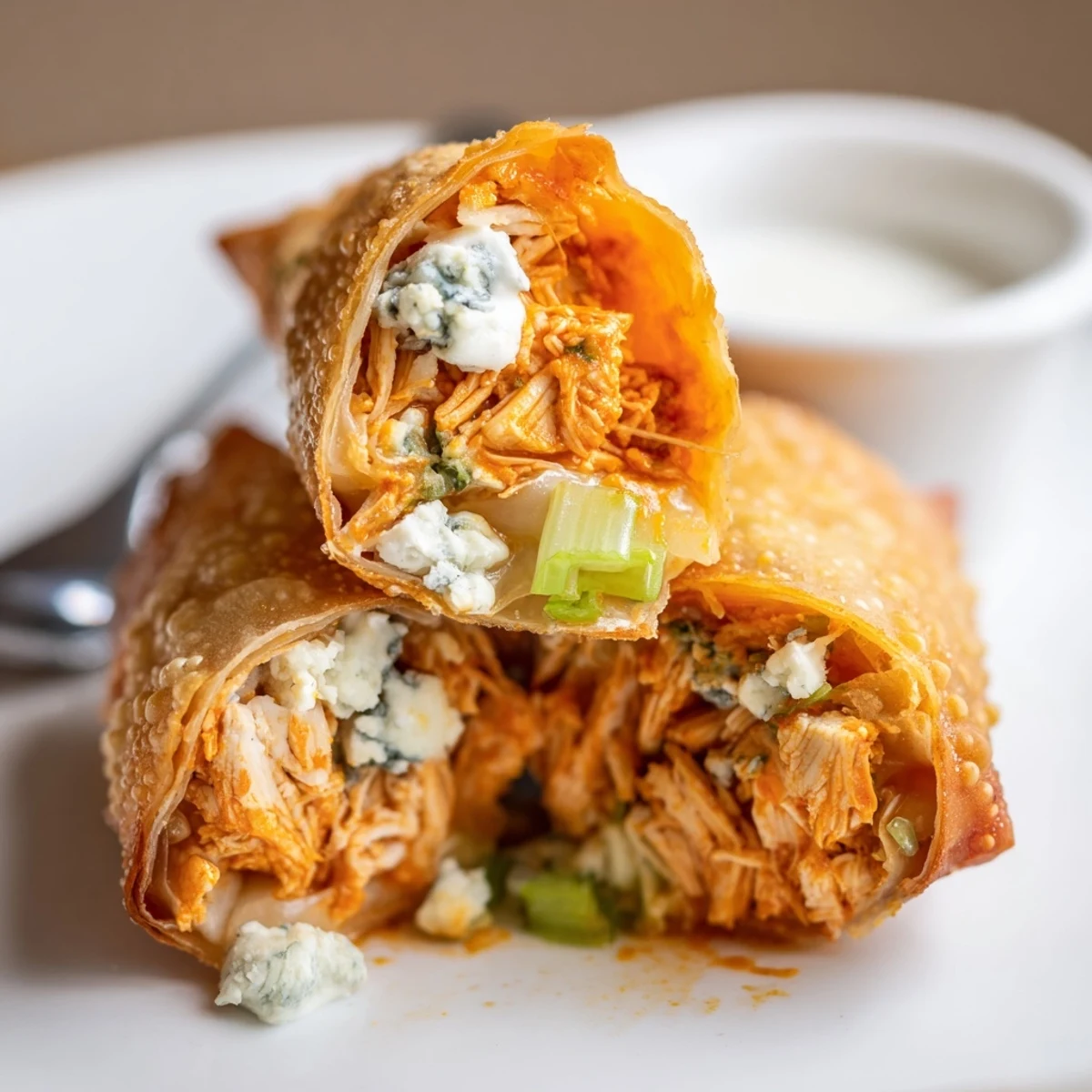 Make-ahead Buffalo Chicken Egg Rolls Recipe, spicy shredded chicken, celery crunch and melty mozzarella