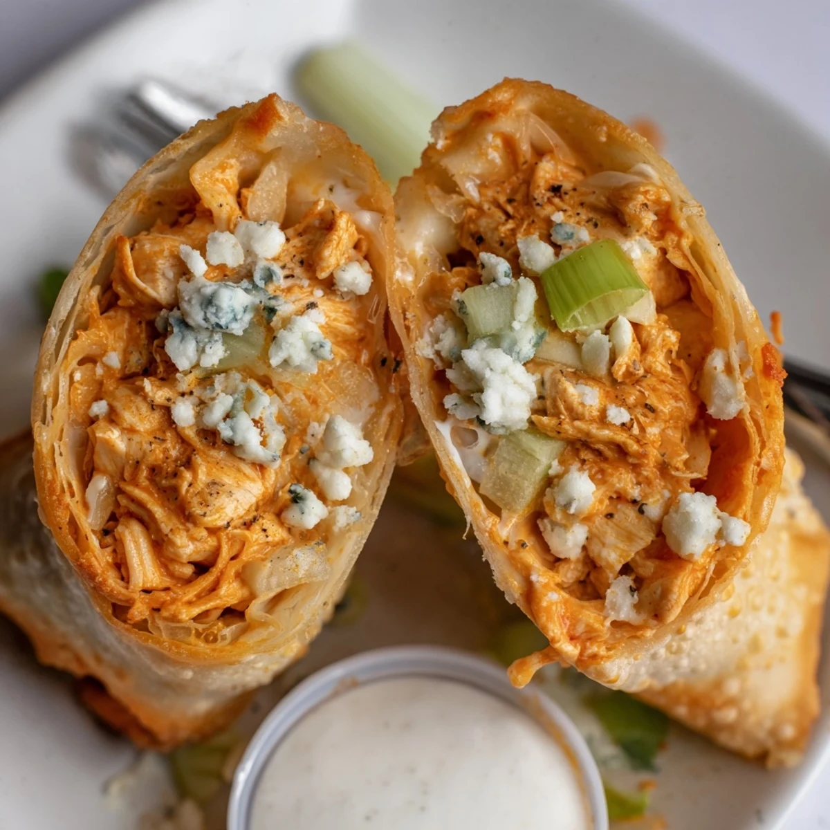 Crispy Buffalo Chicken Egg Rolls Recipe piled on platter, tangy blue cheese dip nearby