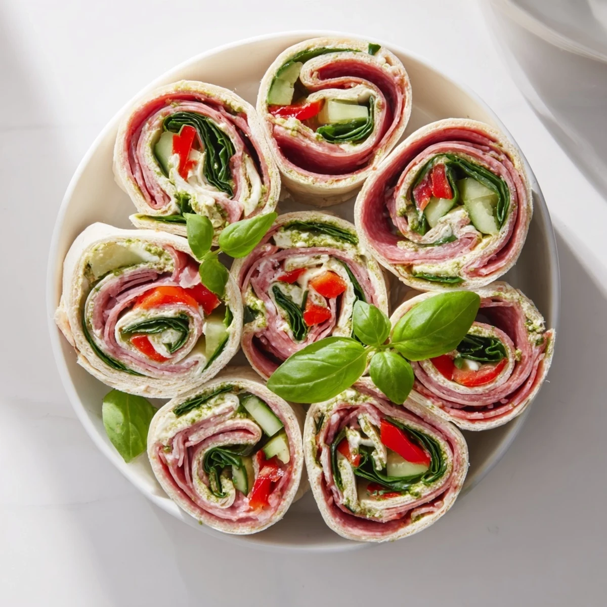 Italian Pinwheel Sandwiches arranged on platter, creamy pesto, salty salami spiral.