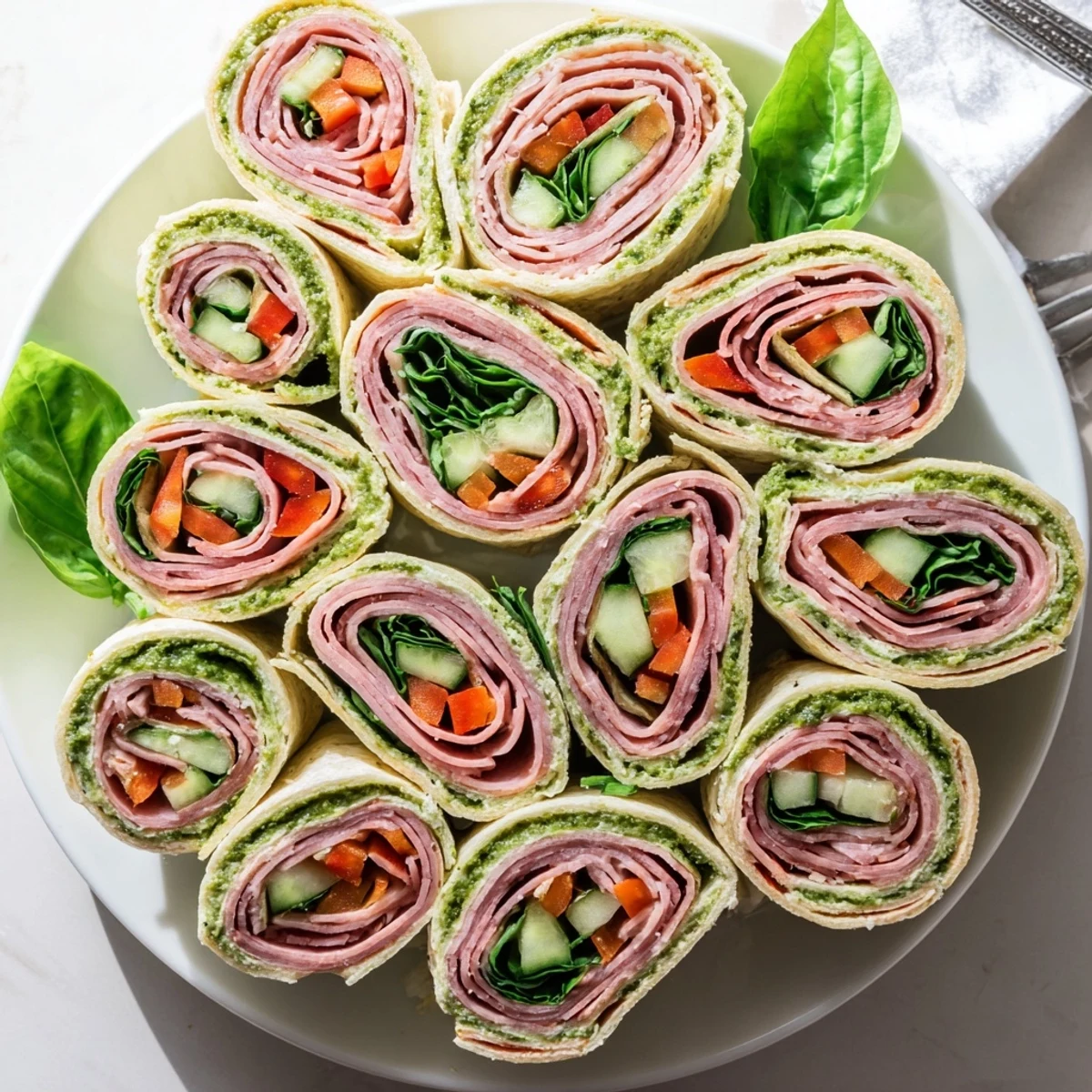 Chilled Italian Pinwheel Sandwiches sliced into rounds, colorful peppers and basil.