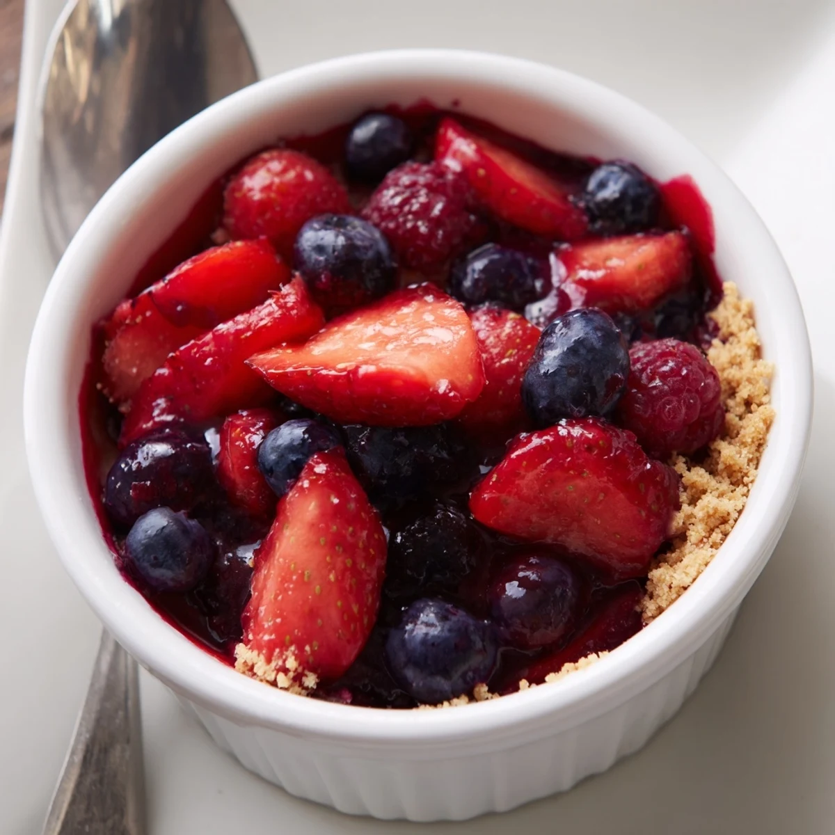Chilled Berry No Bake Cheesecakes topped with macerated raspberries and lemon zest