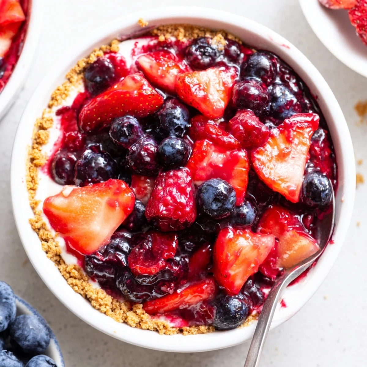 Mini Berry No Bake Cheesecakes served chilled with biscuit crust and berry compote