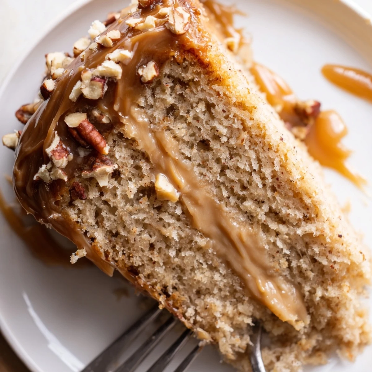 Salted Caramel Brown Butter Banana Cake glazed with warm caramel, flaky sea salt