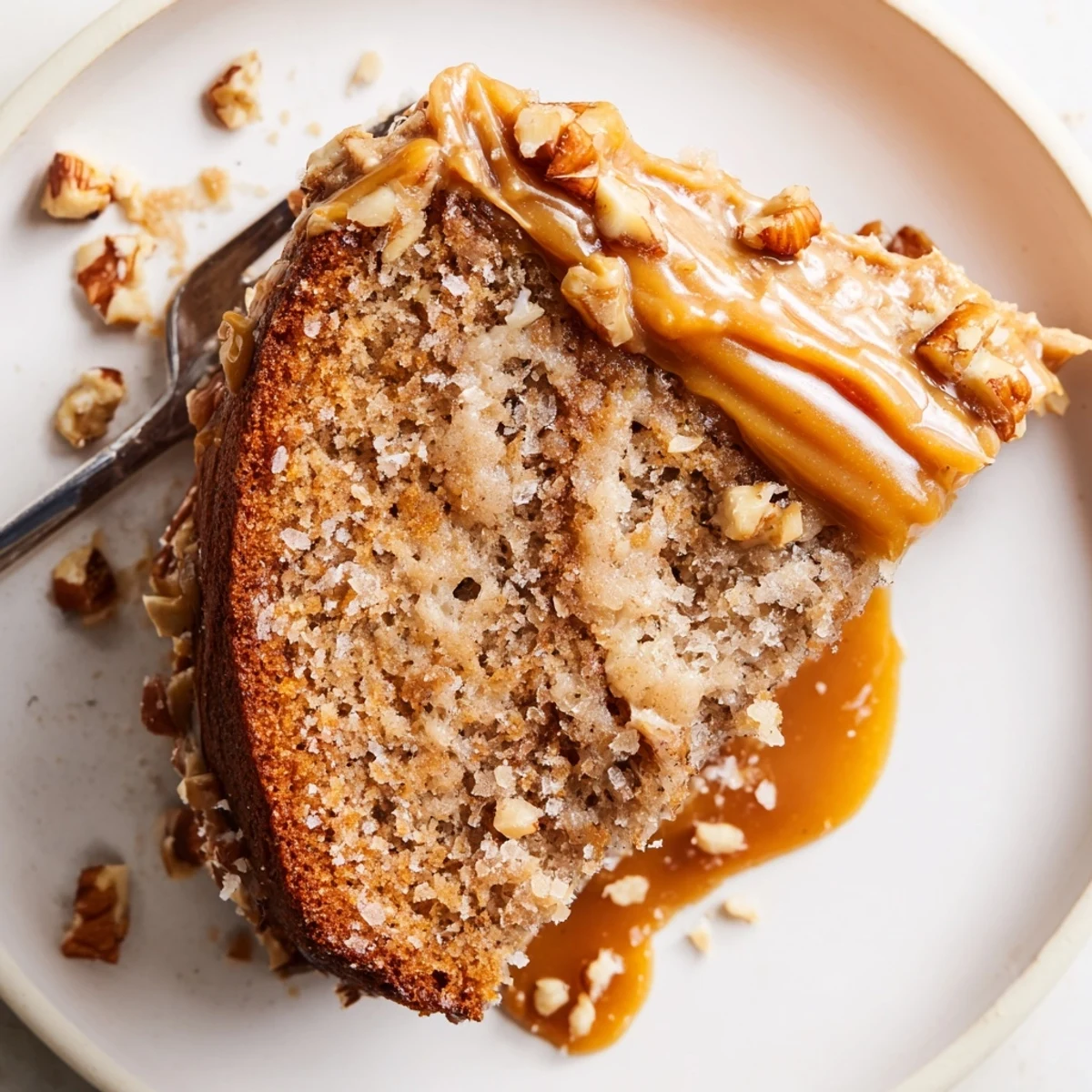 Sliced Salted Caramel Brown Butter Banana Cake served warm with toasted pecans