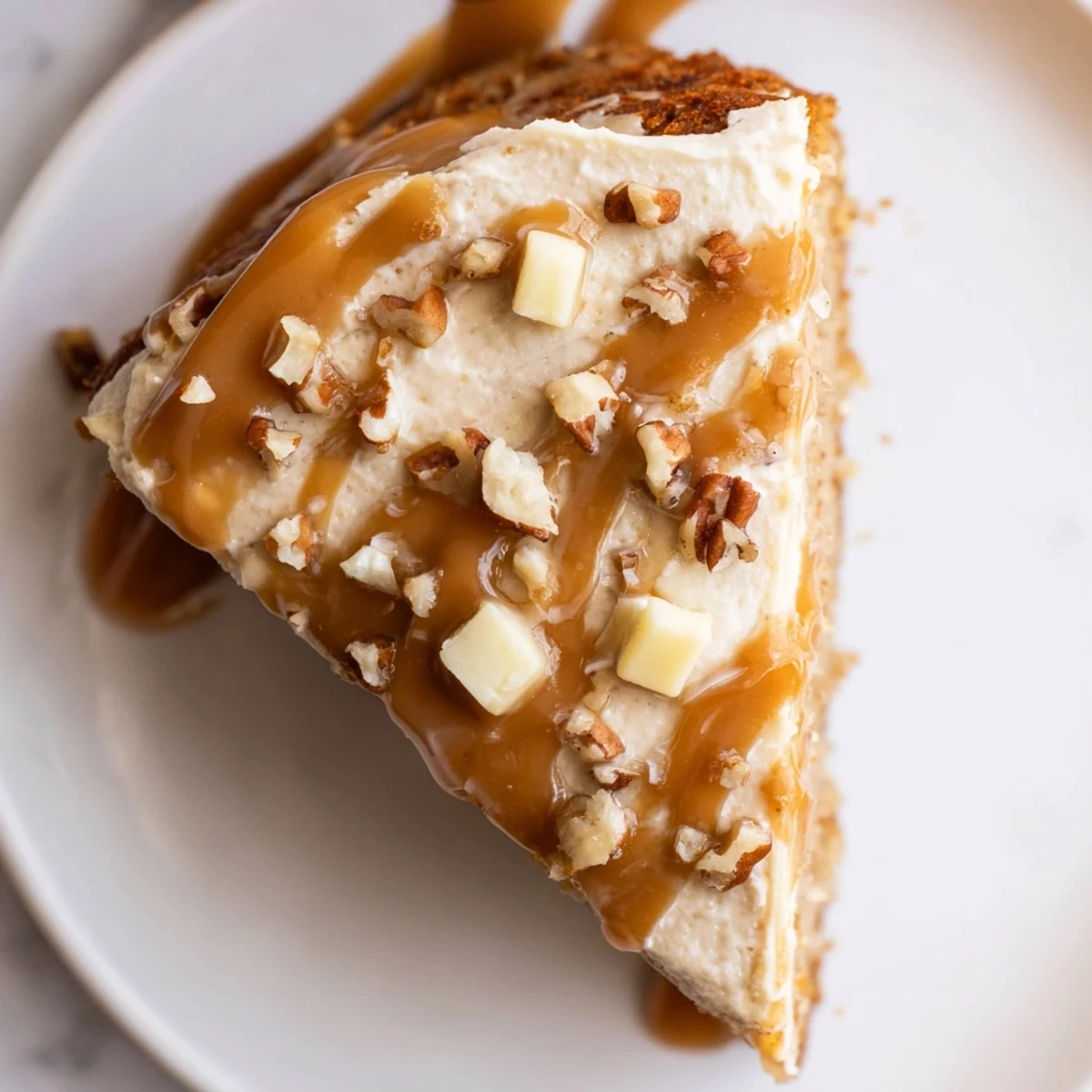 Fork-ready slice of Salted Caramel Brown Butter Banana Cake, moist crumb, caramel drizzle