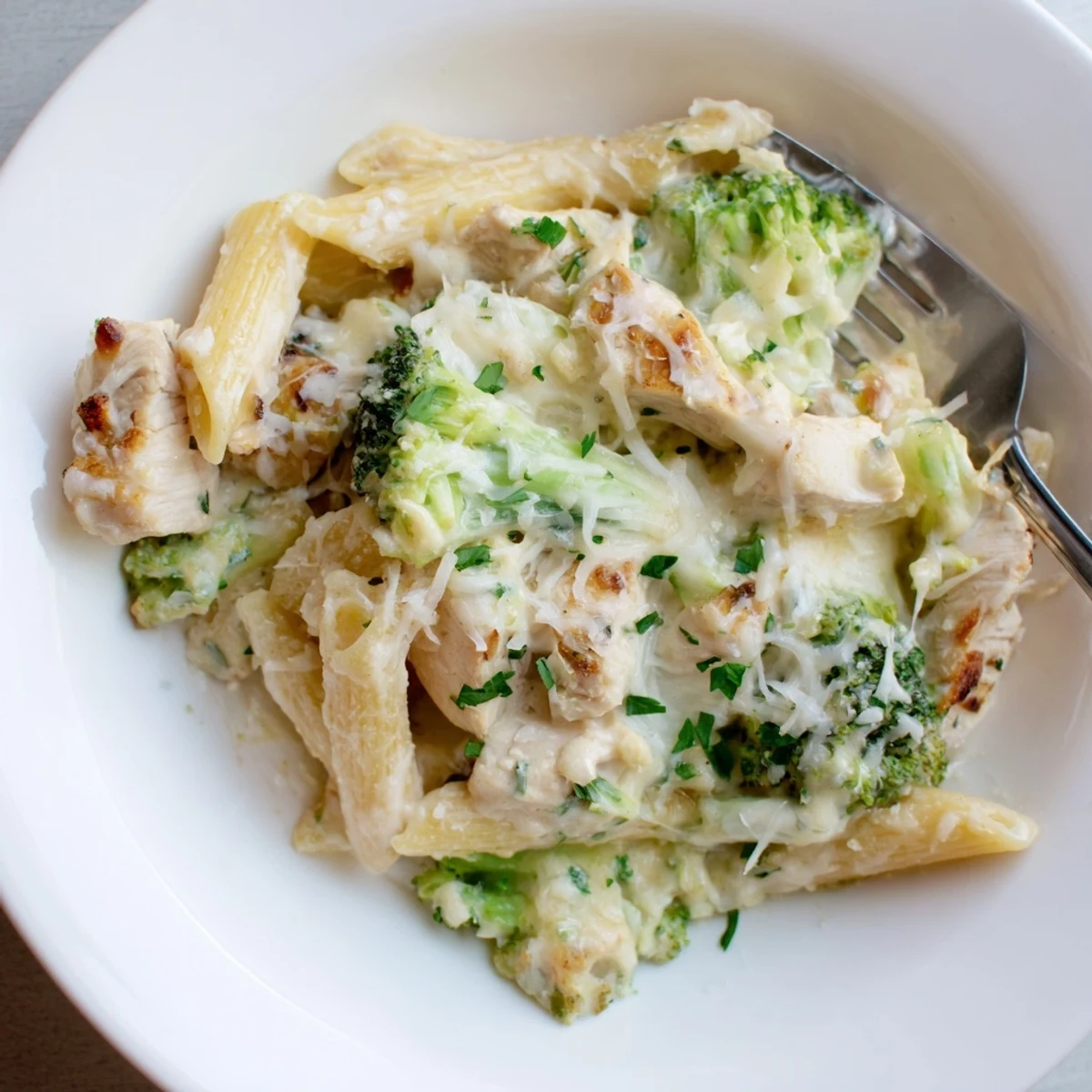Hearty Chicken Broccoli Alfredo Bake recipe fresh parsley garnish, steam rising.