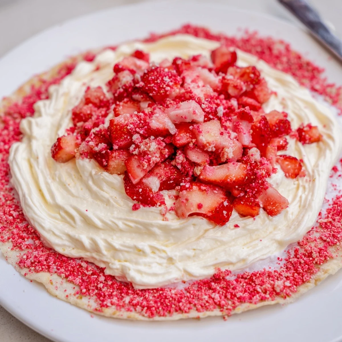 Strawberry Crunch Cheesecake Tacos with creamy filling, crunchy rim, fresh diced strawberries.