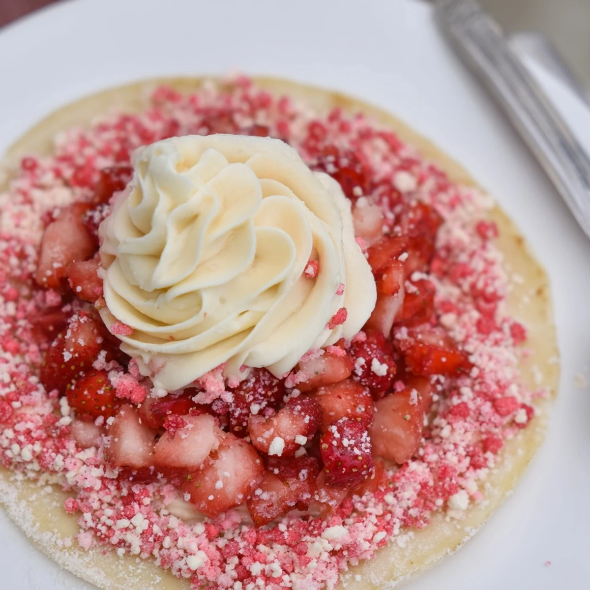 Plated Strawberry Crunch Cheesecake Tacos, cinnamon-sugar shells and juicy strawberry topping.