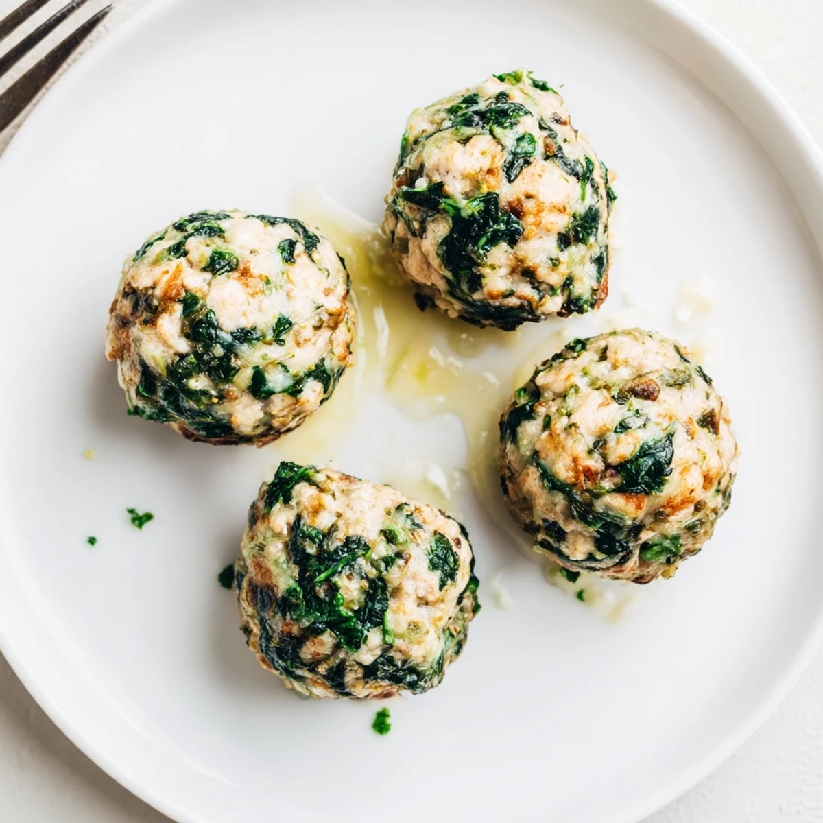Sliced Low Carb Spinach Chicken Meatballs served with cauliflower rice and sauce