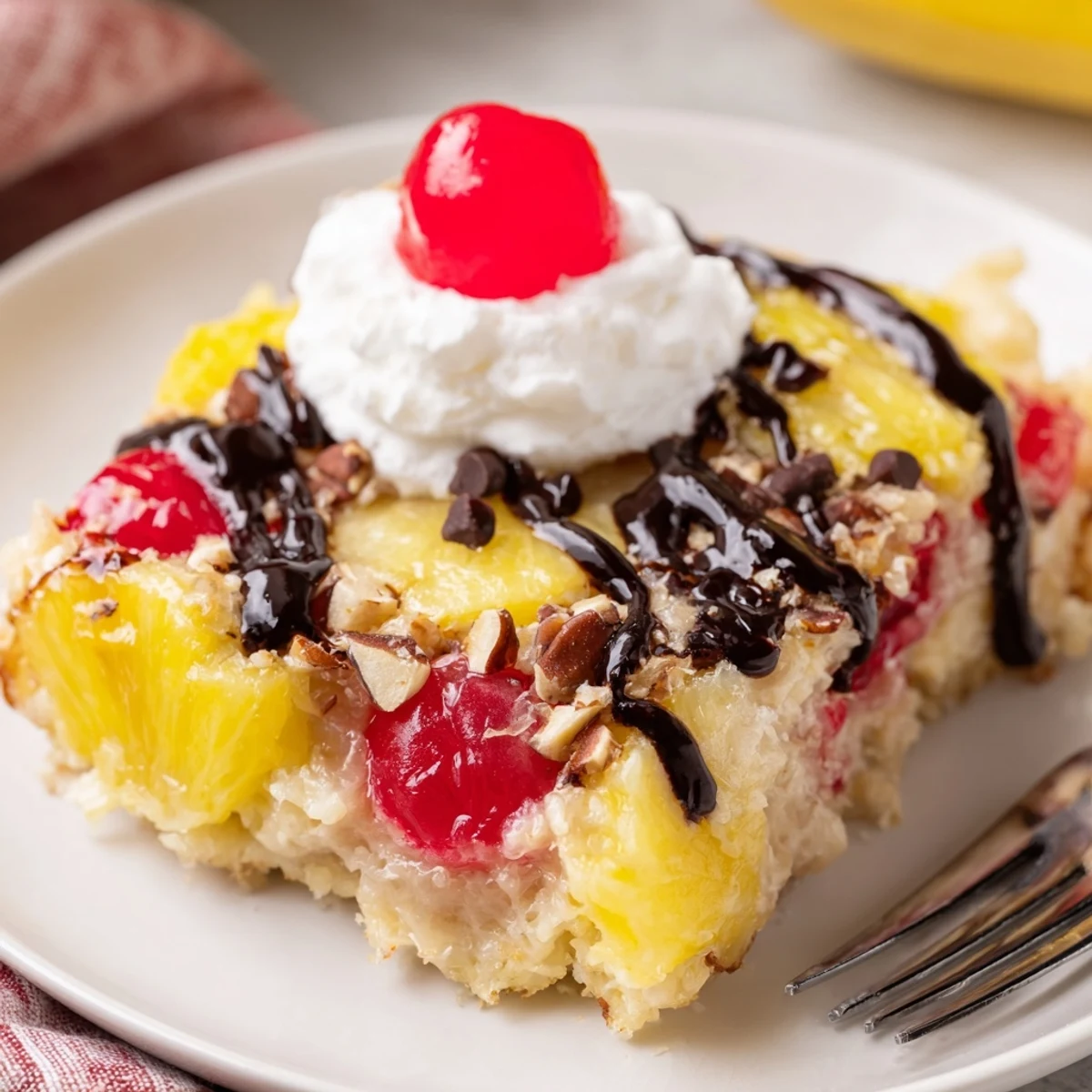 Warm Banana Split Dump Cake bubbling, golden edges, topped with whipped cream