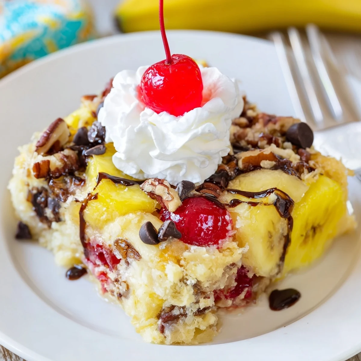 Comforting Banana Split Dump Cake served warm with a scoop of vanilla ice cream