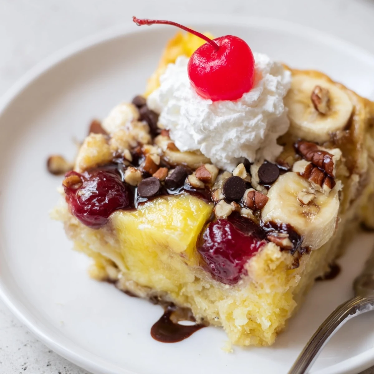 Sliced bananas and cherries peeking through Banana Split Dump Cake, drizzled with chocolate