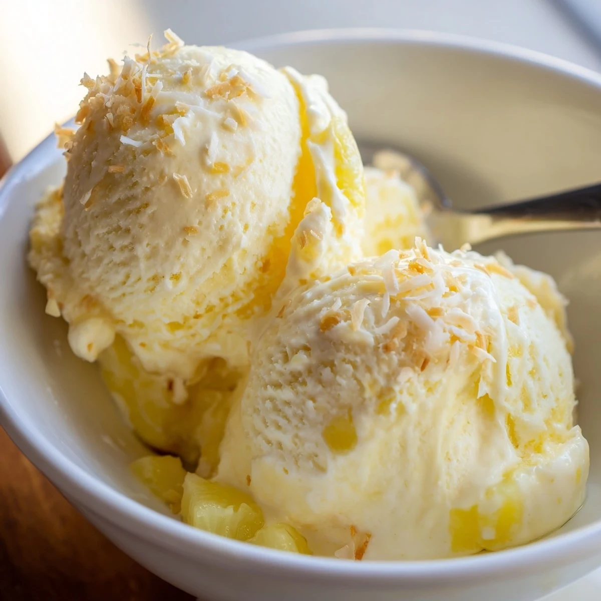 Homemade Creamy Pineapple Ice Cream cooling in bowl, bright pineapple aroma