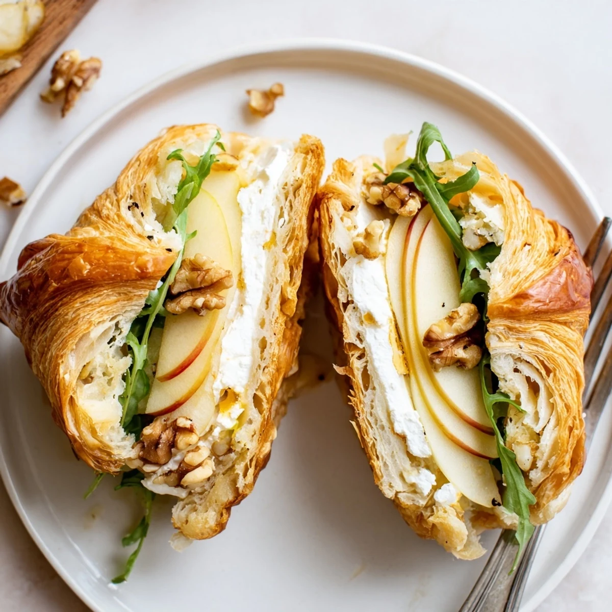 Picnic-ready Apple Goat Cheese Croissant Sandwich stacked with walnuts, peppery arugula