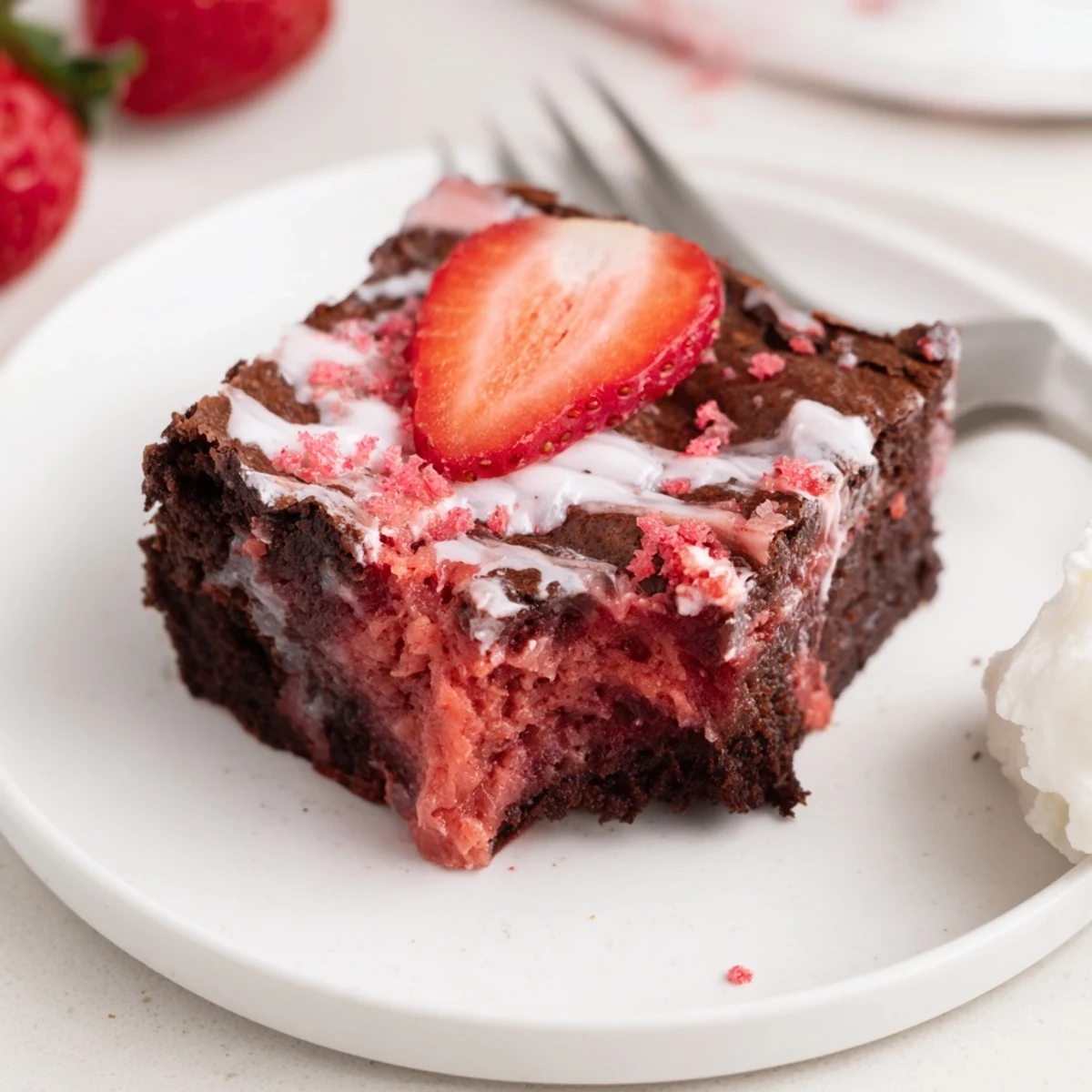 Strawberry Brownies Recipe: fudgy squares glazed with pink strawberry icing, sliced