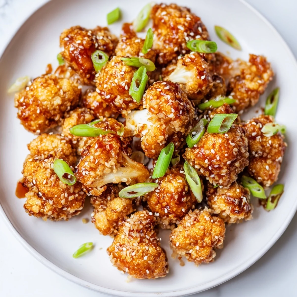 Golden crispy sticky honey garlic cauliflower coated in glossy sweet savory sauce