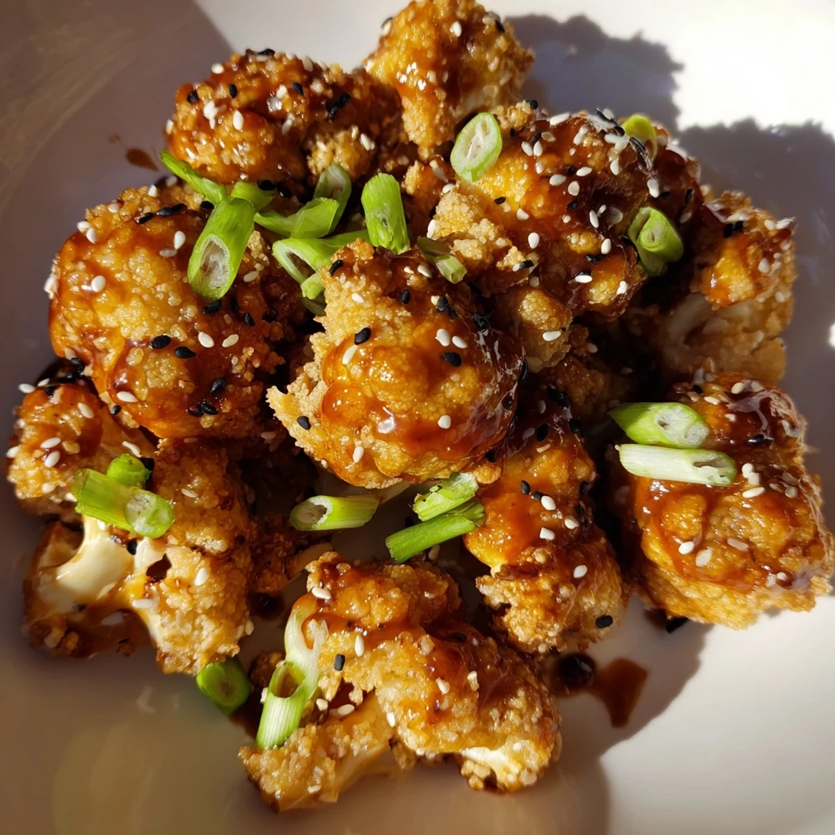 Baked sticky honey garlic cauliflower garnished with green onions and sesame seeds