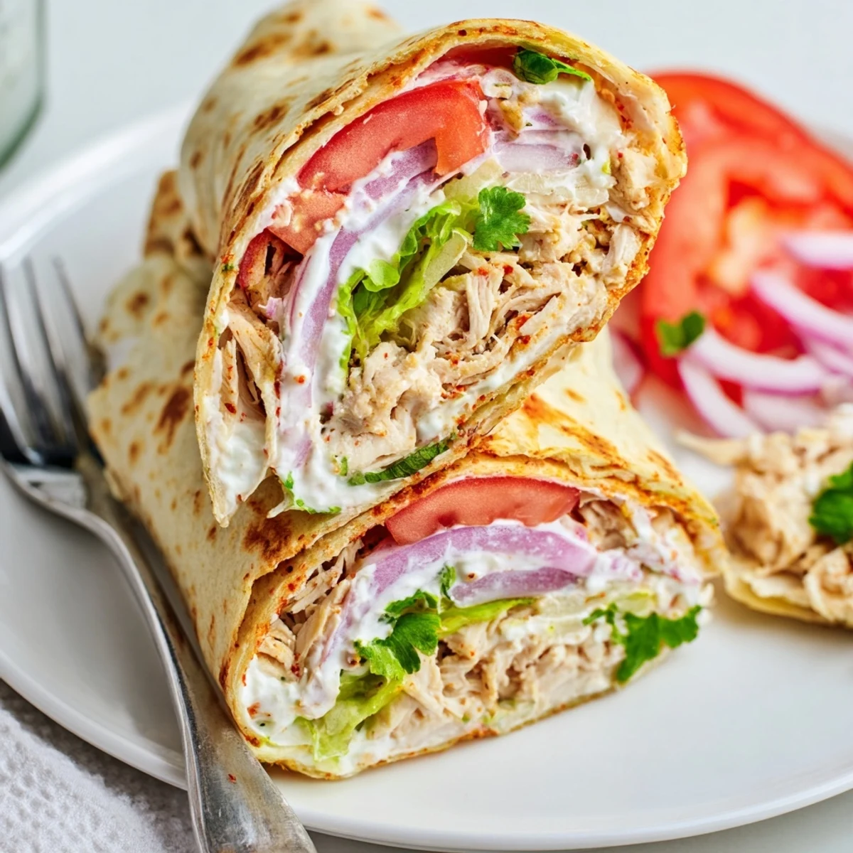 Golden high protein crispy cottage cheese flatbread chicken wraps filled with fresh vegetables