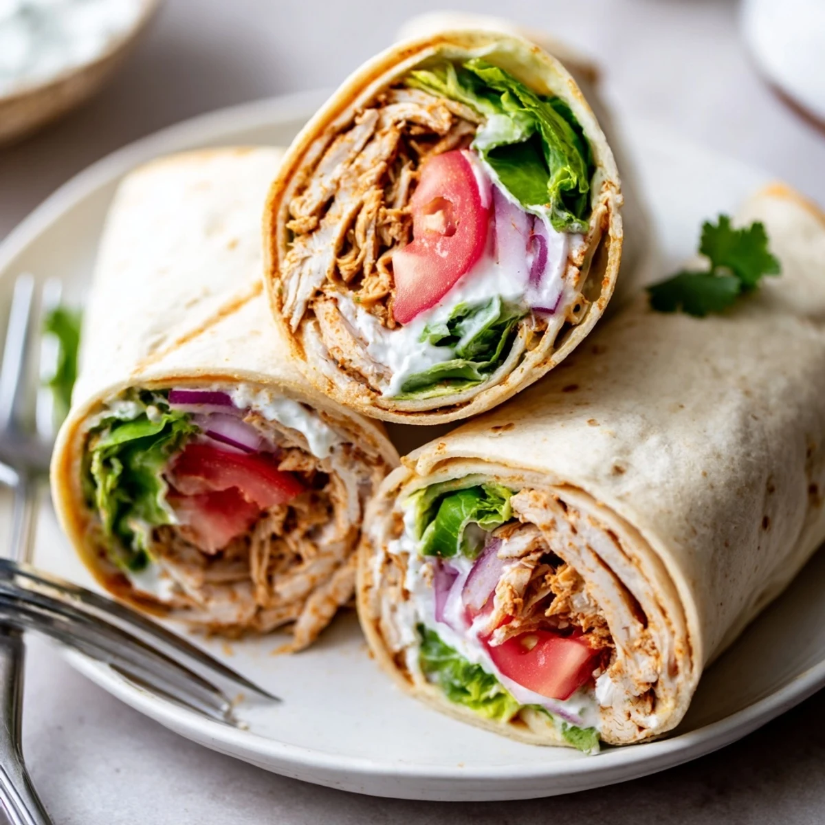 Delicious chicken wraps featuring crispy cottage cheese flatbread layered with tomatoes and red onion